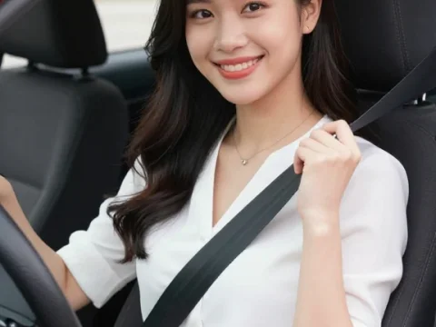 Smiling Woman Wearing Seatbelt in Car