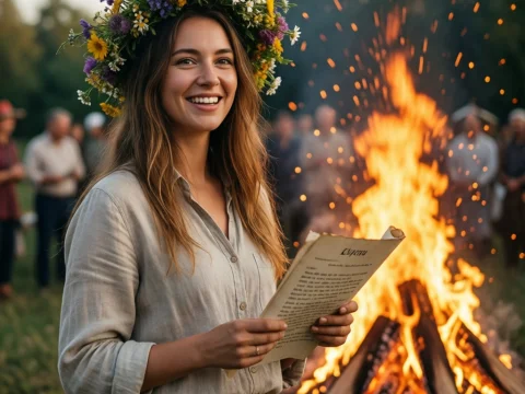 Smiling Woman with Floral Crown by Bonfire at Sunset