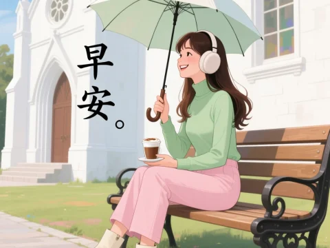 Smiling Woman with Umbrella and Coffee on Park Bench