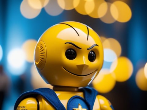 Smiling Yellow Robot Toy with Star Emblem
