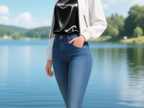 Smiling Young Woman by the Lake in Casual Outfit