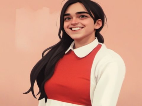 Smiling Young Woman in Red and White Outfit