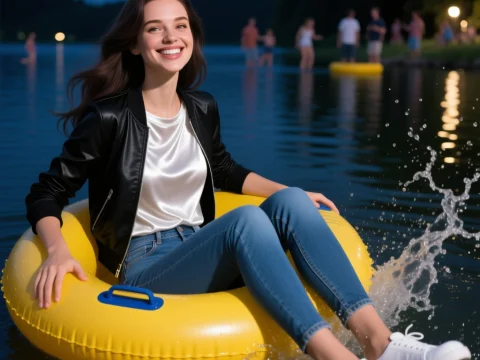 Smiling Young Woman Relaxing on Yellow Inflatable Tube at Night