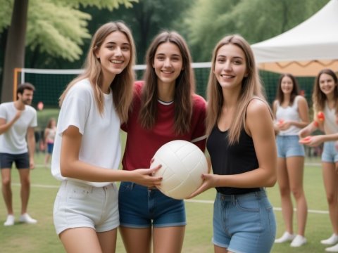 Smiling Young Women Holding Volleyball on Outdoor Court
