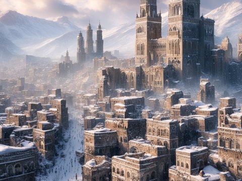 Snow-Covered Ancient City with Towering Structures