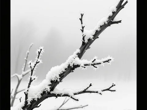 Snow-Covered Branches in Monochrome Winter Scene