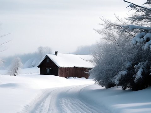 Snow-Covered Cabin in a Serene Winter Landscape