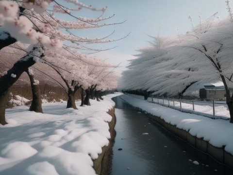 Snow-Covered Cherry Blossoms Along a River in Hokkaido
