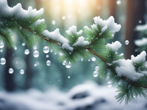 Snow-Covered Fir Tree Branch with Dew Drops in Winter Forest