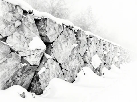 Snow-Covered Fractured Rock Wall in Winter