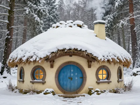 Snow-Covered Hobbit House in a Winter Forest