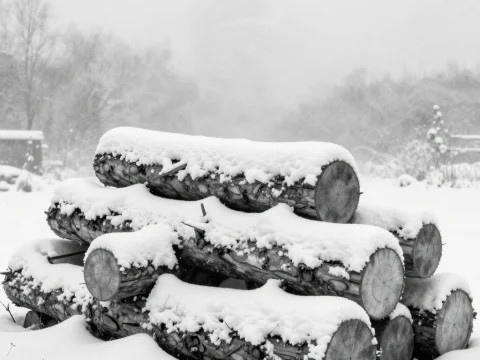 Snow-Covered Logs in a Winter Landscape
