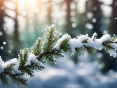Snow-Covered Pine Branch in Soft Winter Light