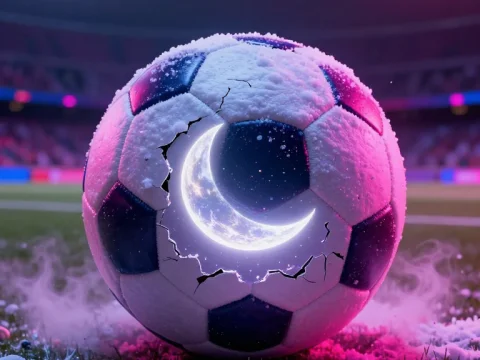 Snow-Covered Soccer Ball with Glowing Crescent Moon Inside
