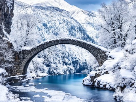 Snow-Covered Stone Arch Bridge Over Winter River