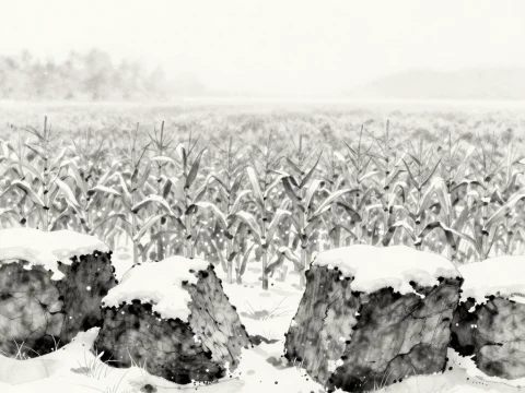 Snow-Covered Stumps in a Winter Cornfield
