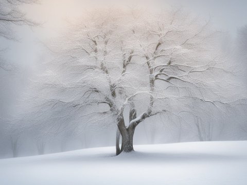 Snow-Covered Tree in a Misty Winter Landscape