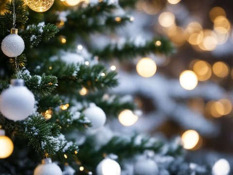 Snow-Dusted Christmas Tree with Glowing Ornaments