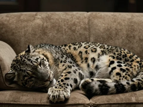 Snow Leopard Resting Peacefully on a Sofa