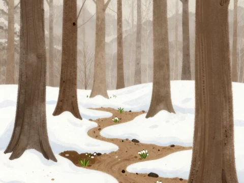 Snowdrops Blooming Along a Forest Path in Late Winter