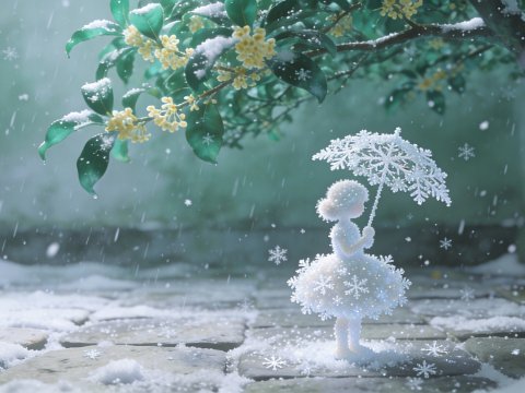 Snowflake Girl Holding Snowflake Umbrella in Winter Garden