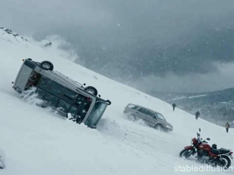 Snowstorm Disaster Scene with Overturned Vehicle