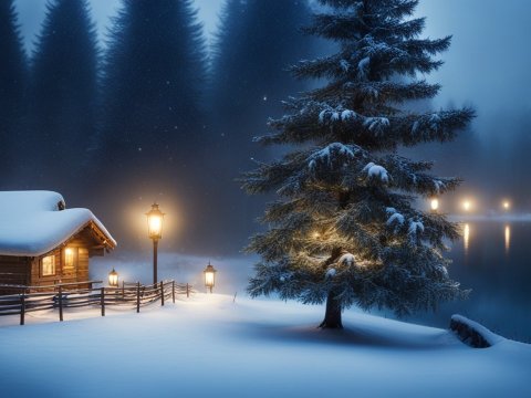 Snowy Cabin and Pine Tree by a Lake at Night