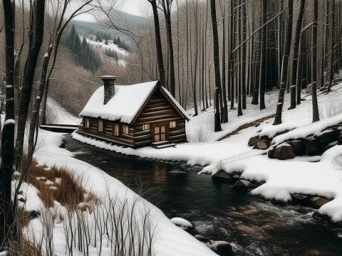 Snowy Cabin by a Forest Stream in Winter