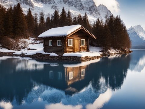 Snowy Cabin by Mountain Lake with Reflective Water