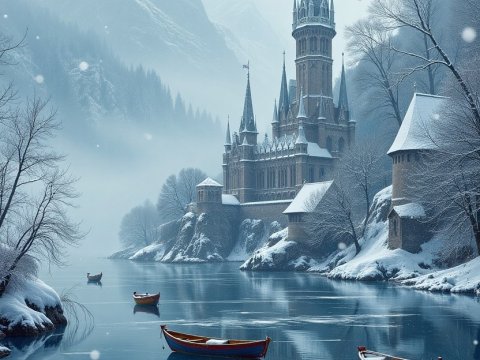 Snowy Fantasy Castle by a Frozen Lakeside