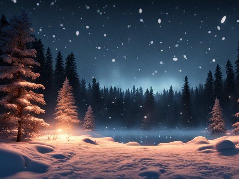 Snowy Fir Forest at Midnight with Glowing Warm Light