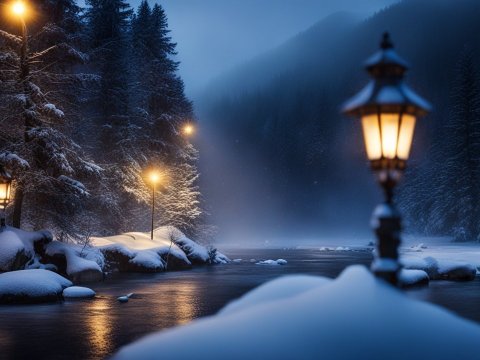 Snowy Fir Forest River at Night with Warm Lanterns