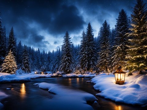 Snowy Forest Creek at Night with Lanterns