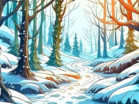 Snowy Forest Path in Fantasy Cartoon Style
