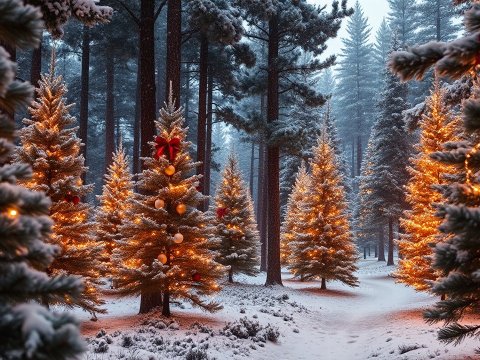 Snowy Forest with Festive Christmas Trees Lit by Warm Lights