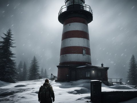 Snowy Lighthouse in a Winter Forest Scene