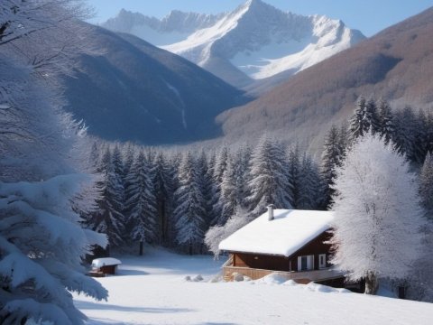 Snowy Mountain Cabin in Winter Landscape