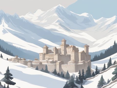 Snowy Mountain Fortress in Vast Winter Landscape