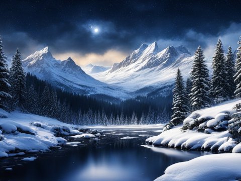Snowy Mountain Lake Under a Starry Night Sky