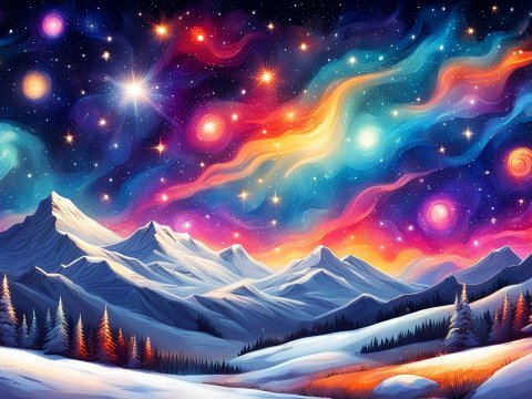 Snowy Mountain Landscape Under a Vibrant Cosmic Night Sky