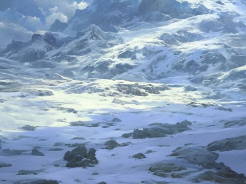 Snowy Mountain Landscape with Cross on Peak