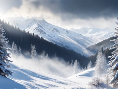Snowy Mountain Landscape with Frosted Pine Trees