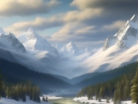 Snowy Mountain Landscape with Pine Trees and Mist