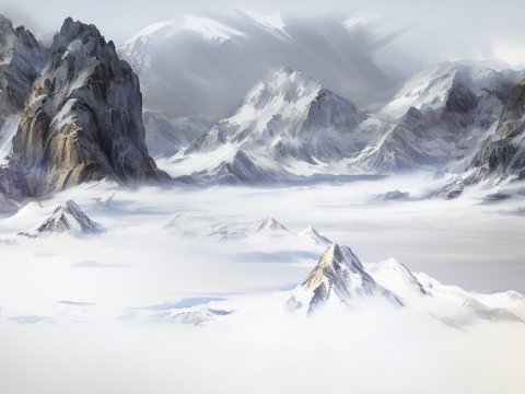 Snowy Mountain Range in Mist
