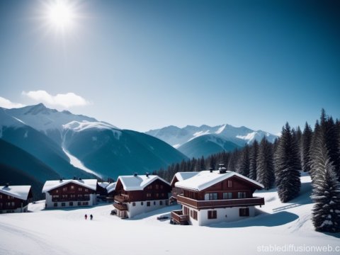 Snowy Mountain Village Under Clear Blue Sky