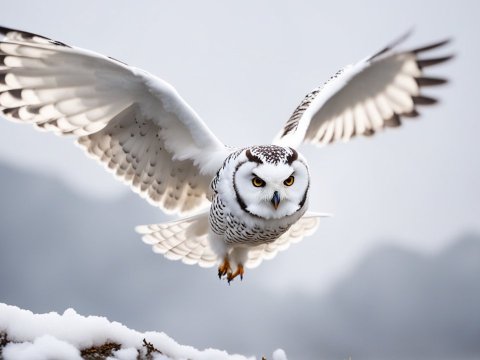 Snowy Owl in Flight Over Snowy Landscape