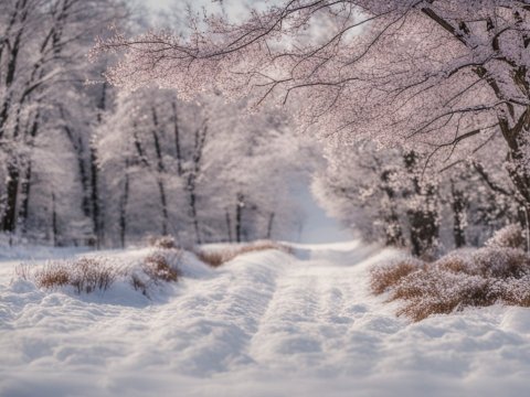 Snowy Path Through Blossoming Trees on Early Spring Day