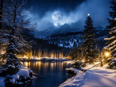 Snowy Riverside Forest Under Moonlit Night