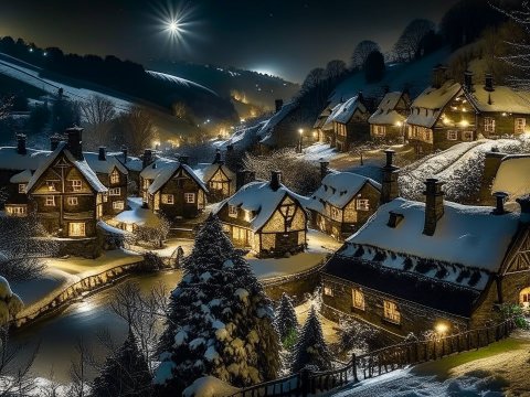 Snowy Village at Night with Warm Lights