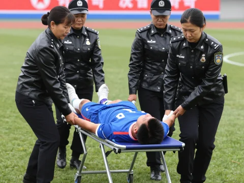 Soccer Player Being Carried on Stretcher by Uniformed Women